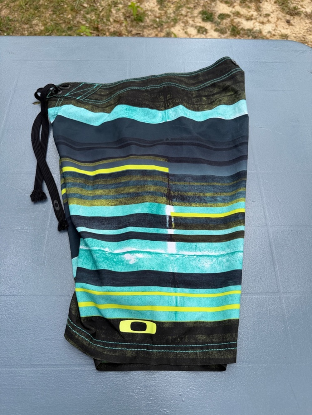 Oakley Men's Black Teal & Yellow Striped Swim Board Shorts